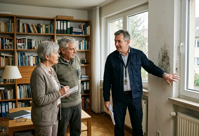 Sachverständiger erklärt einem Eigentümerpaar den Feuchteverlauf an der Wohnzimmerwand