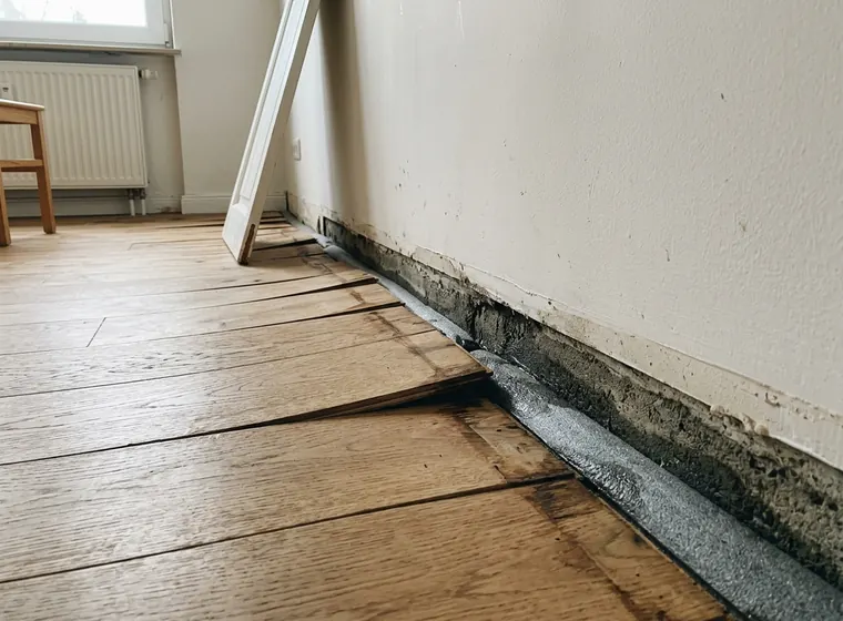 Leere Neubauwohnung vor der Abnahme mit Markierungsband an einer Putzfuge