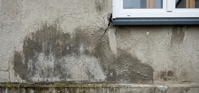Durchfeuchteter Fassadenputz mit dunklem Rand