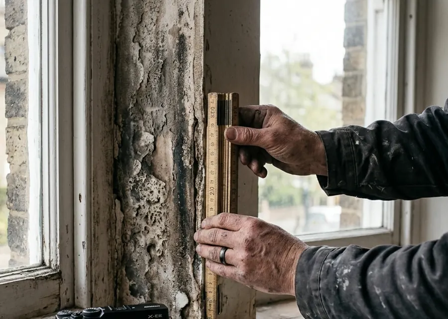 Sachverständiger misst mit dem Zollstock eine durchfeuchtete Fensterlaibung aus