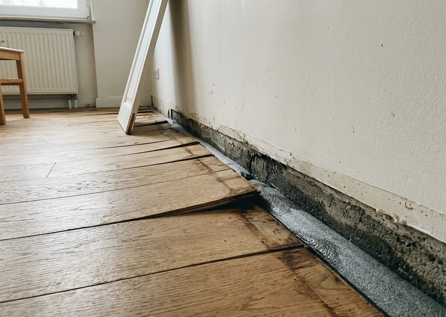 Geöffneter Fußbodenaufbau: Estrichkante, Trennfolie, Dämmung und Rohdecke sichtbar